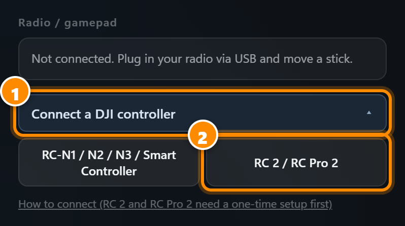 Overfly settings: Connect a DJI controller, then RC 2 / RC Pro 2