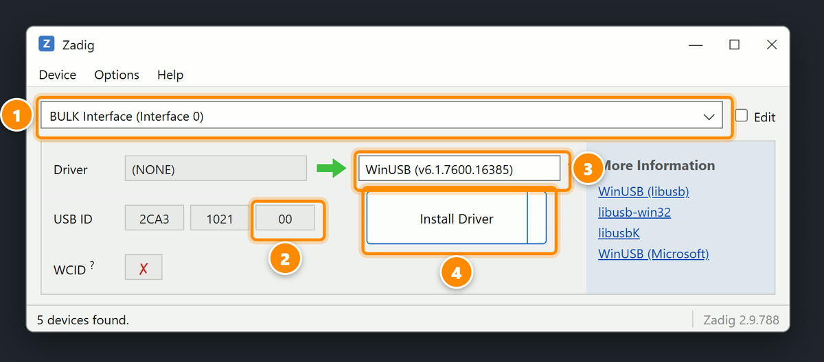 Zadig: BULK Interface (Interface 0), USB ID ending in 00, WinUSB, Install Driver