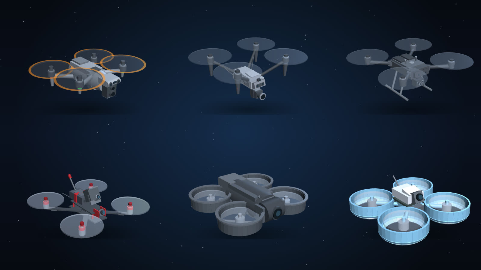 Six drone looks in Overfly: three camera drones and three FPV quads